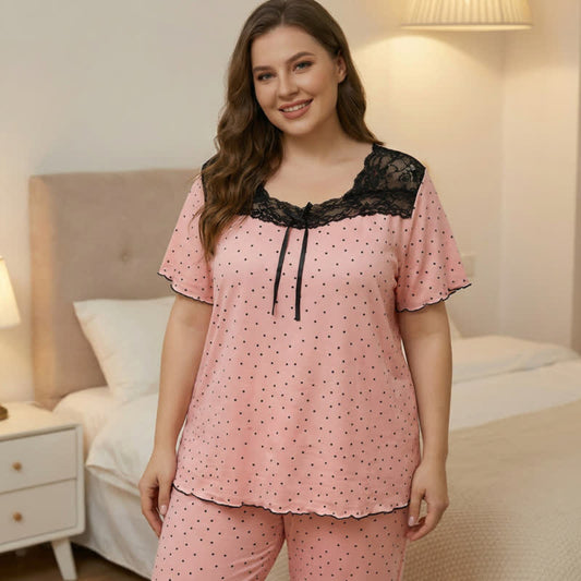 Soft Polka Dot Lace Pajama Set - Pink - 4XL - image 0