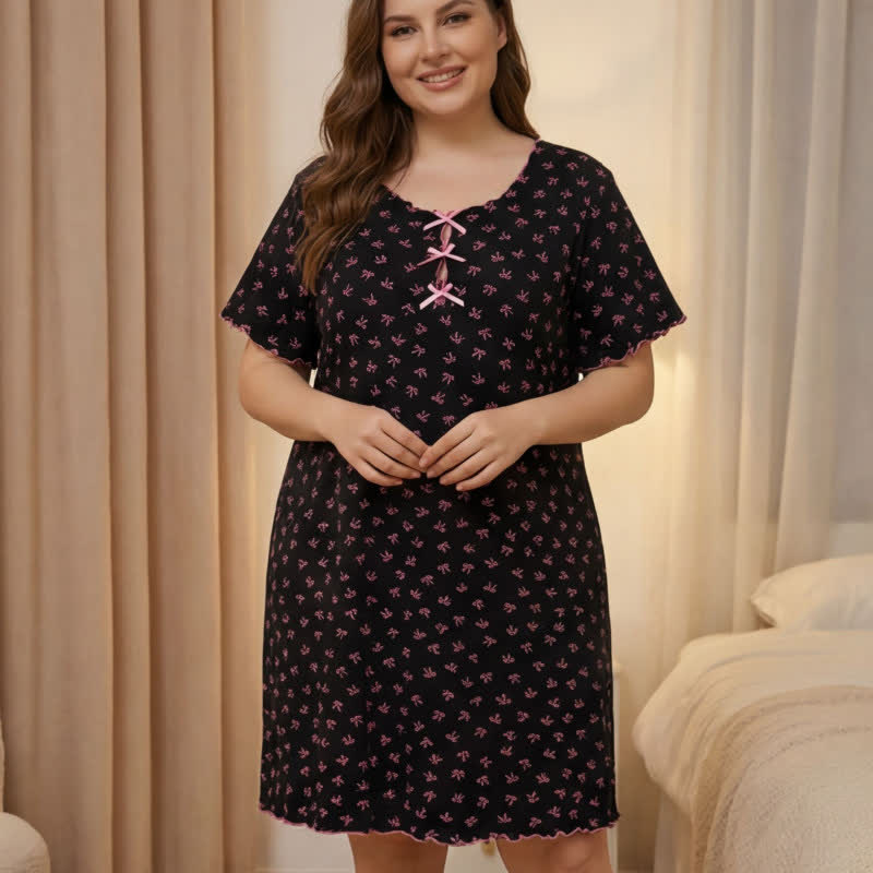 Small Floral Print Bow Trim Nightgown - Black - 4XL - image 4