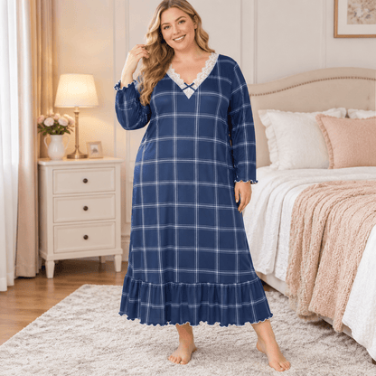 Lace Trim Plaid Nightgown - Blue - 4XL - image 0