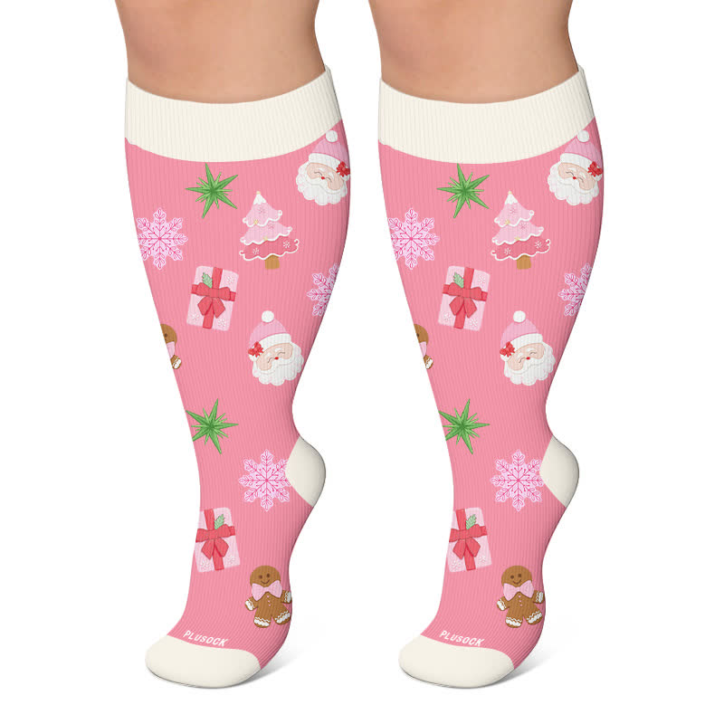 Plus Size Christmas Snowman Compression Socks - Pink - 4XL - image 5