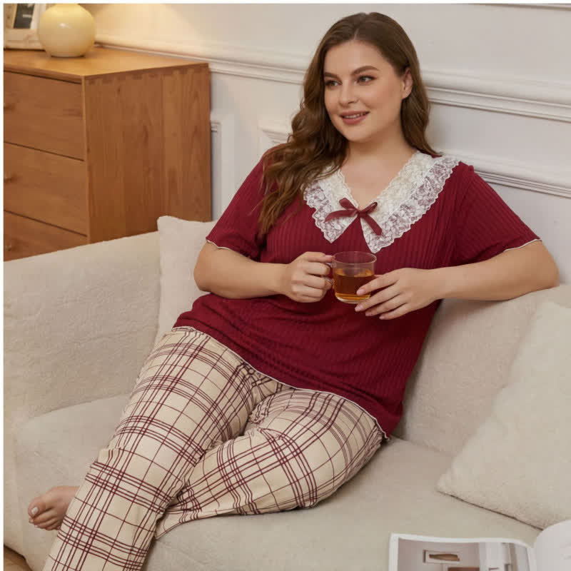 Lace Collar Plaid Pajama Set - image 1