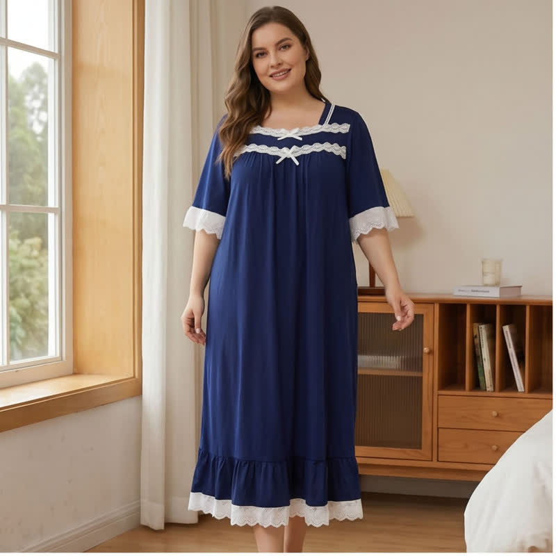 Lace Trim Bow Nightgown - Navy Blue - 4XL - image 0