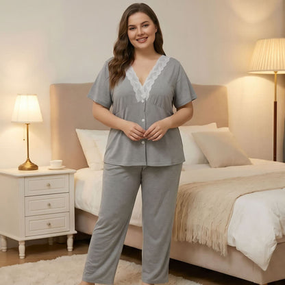 Lace Trim Button Pajama Set - Gray - 4XL - image 0