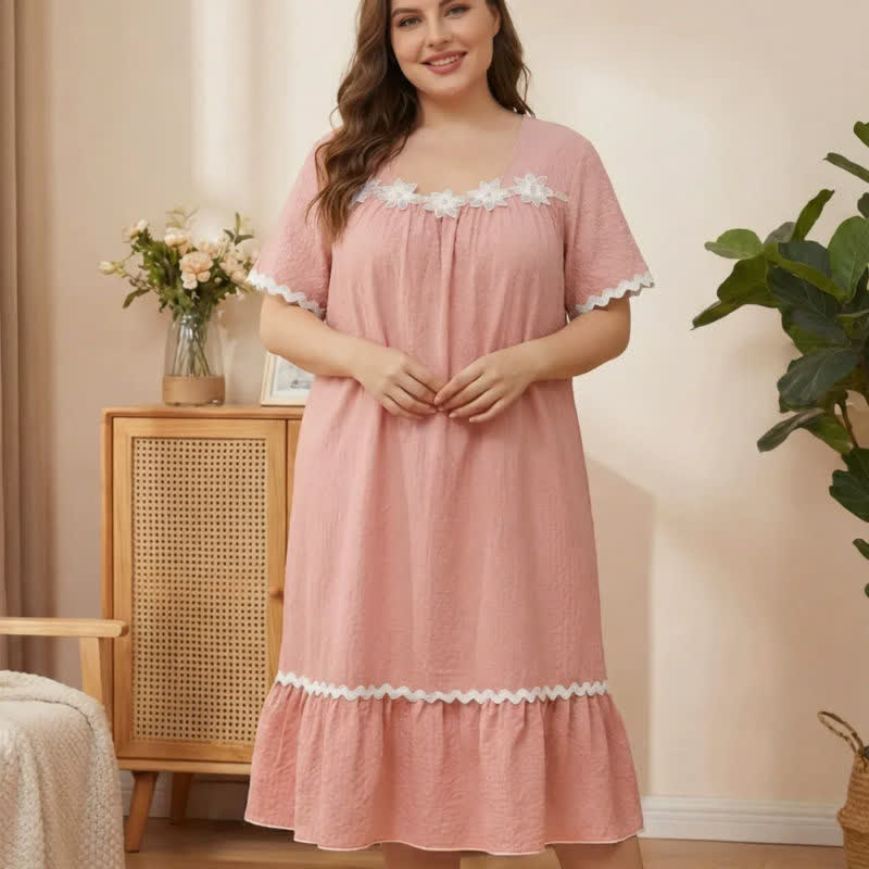 Floral Applique Lounge Nightgown - Pink - 5XL - image 4