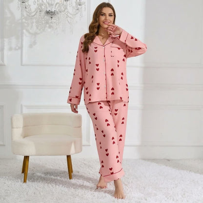 Heart Print Satin Pajama Set - Pink - 4XL - image 8