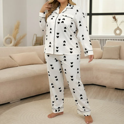 Heart Print Satin Pajama Set - Black - 4XL - image 4