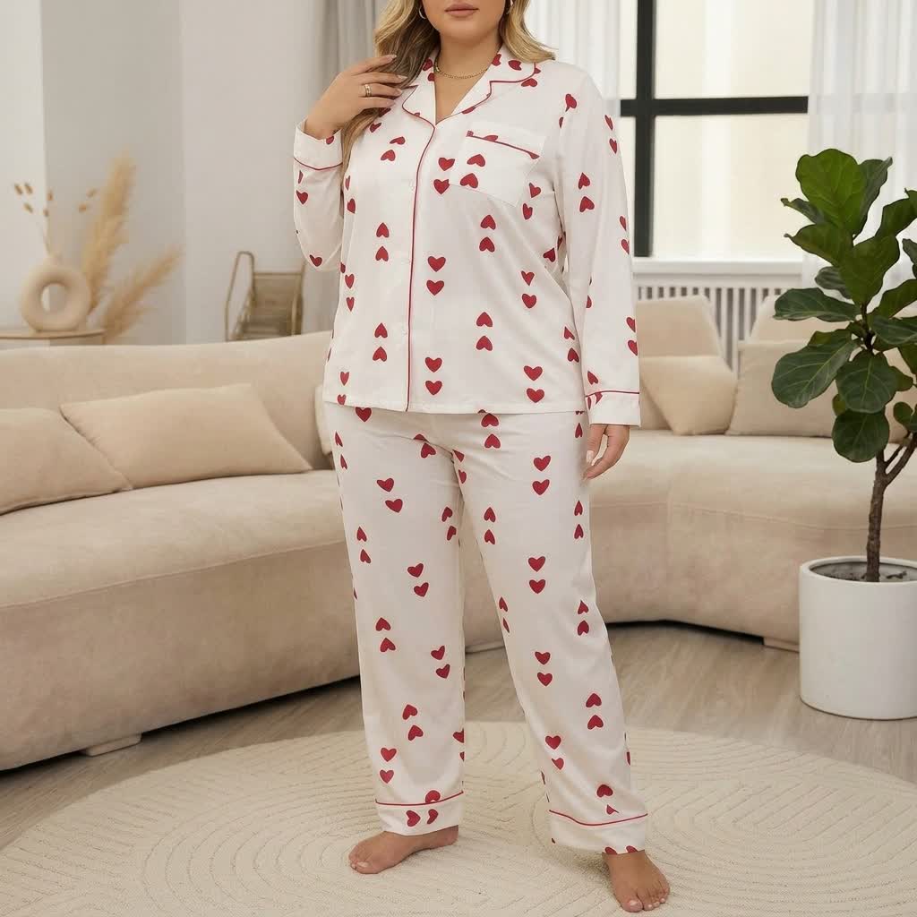 Heart Print Satin Pajama Set - White - 4XL - image 0