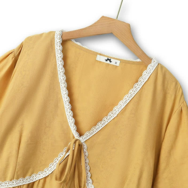 Plus Size Cotton Lace Trim Tie Front V Neck Blouse - image 1