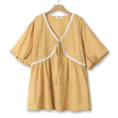 Plus Size Cotton Lace Trim Tie Front V Neck Blouse - Yellow - 6XL - image 0