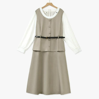 Vintage Layered Belted Midi Dress - Khaki - 6XL - image 0