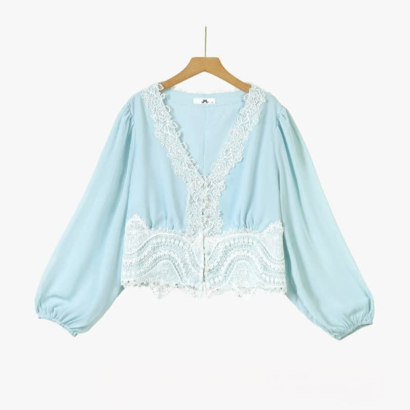 Plus Size Sky Blue Lace Trim Two Piece Skirt Set - image 1