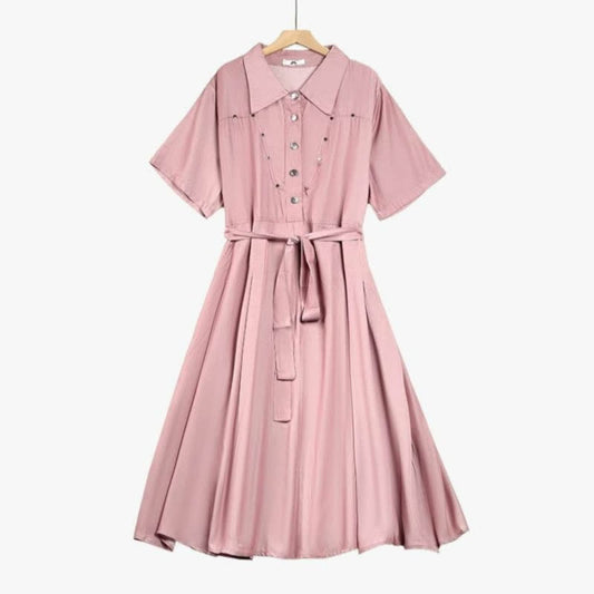 Pink Belted Shirt Midi Dress - Pink - 6XL - image 0