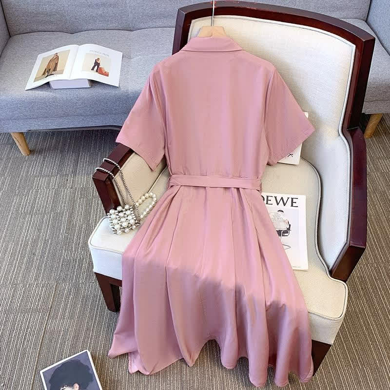 Pink Belted Shirt Midi Dress - image 1
