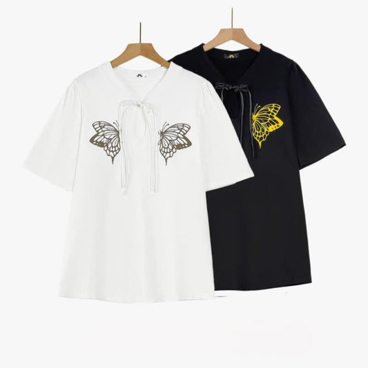Plus Size Butterfly Print Tie Neck Summer Blouse - image 0