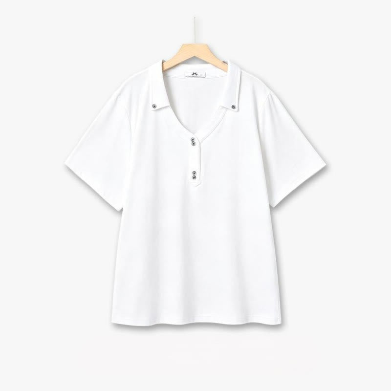 Plus Size Buttoned V Neck Cotton Blend Blouse - White - 6XL - image 1