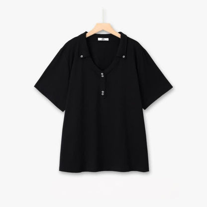 Plus Size Buttoned V Neck Cotton Blend Blouse - Black - 6XL - image 2