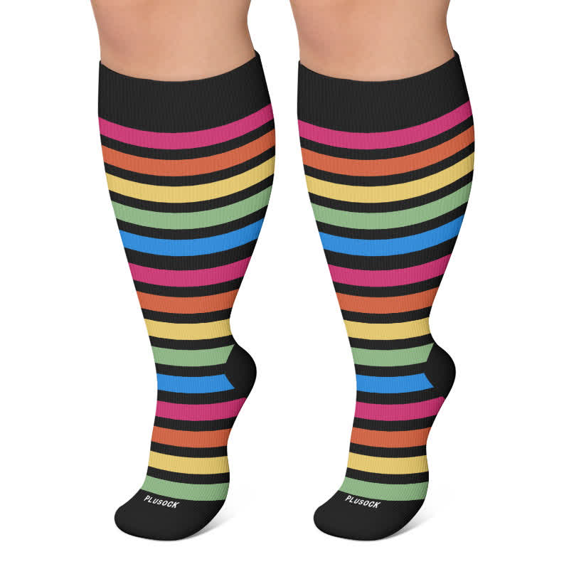 Plus Size Rainbow Stripe Compression Socks - Black - 4XL - image 4