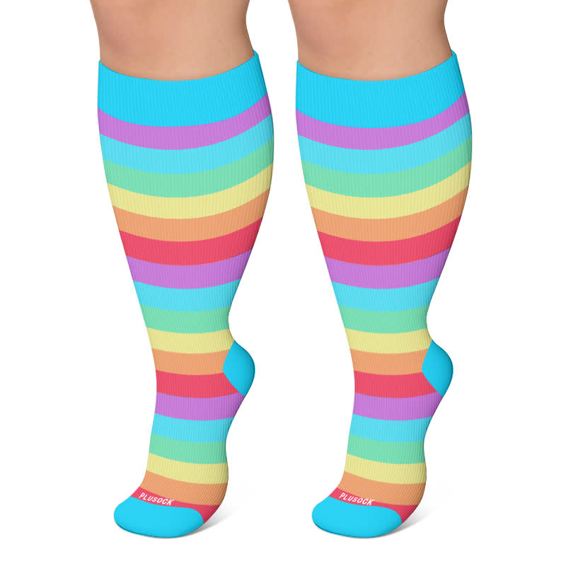 Plus Size Rainbow Stripe Compression Socks - Blue - 4XL - image 5
