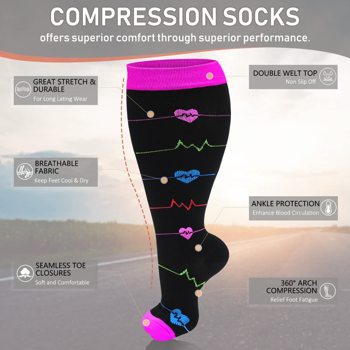 Skin Purple Electrocardiogram Plus Size Compression Socks 2XL-7XL(3 Pairs) - image 6