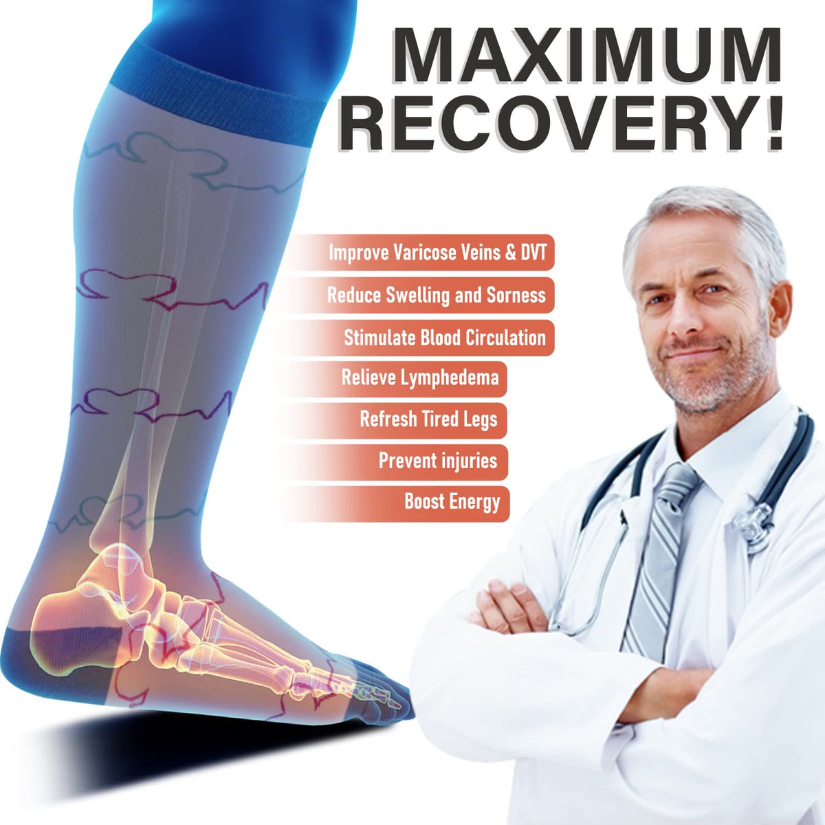 White Electrocardiogram Plus Size Compression Socks(3 Pairs) - image 5