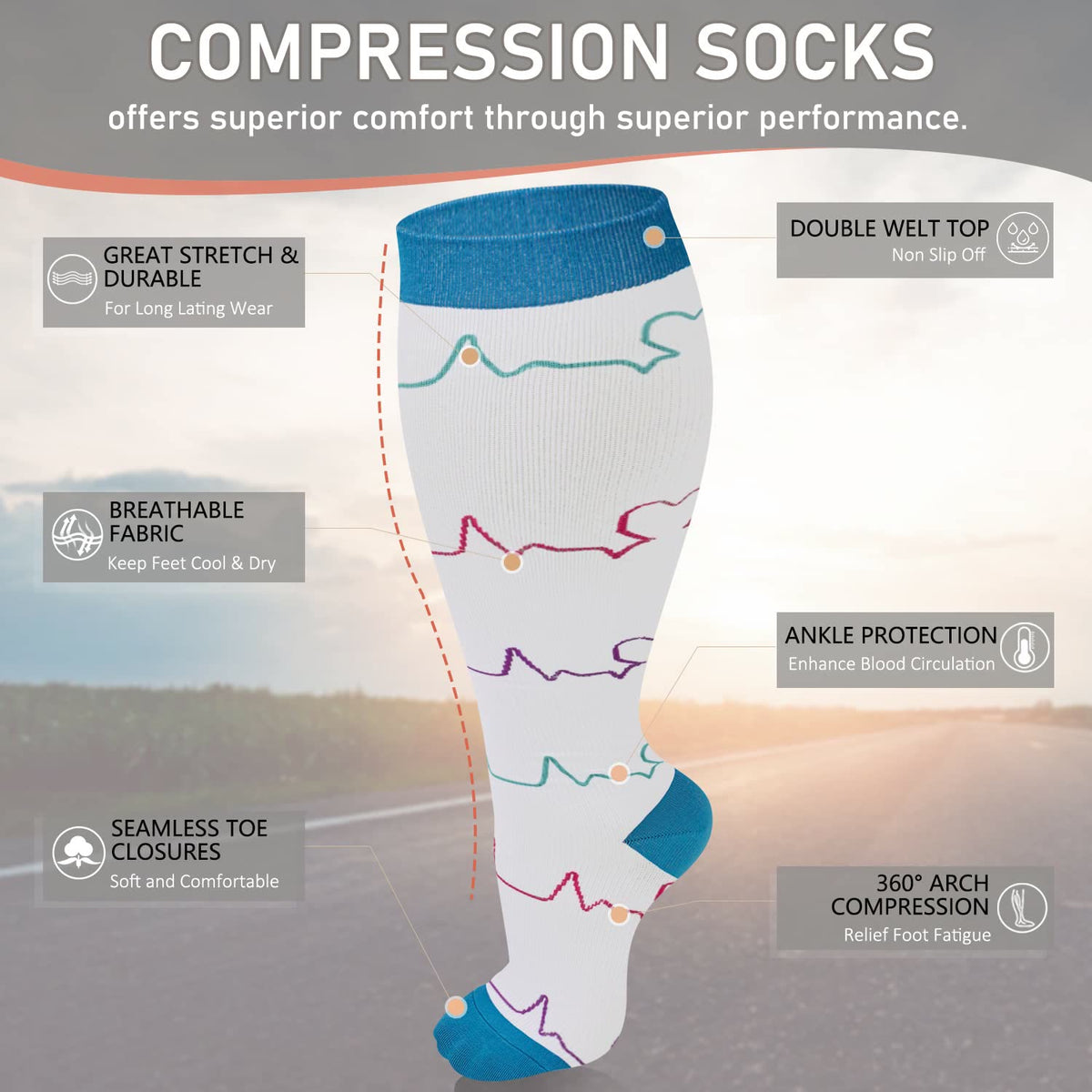 White Electrocardiogram Plus Size Compression Socks(3 Pairs) - image 4