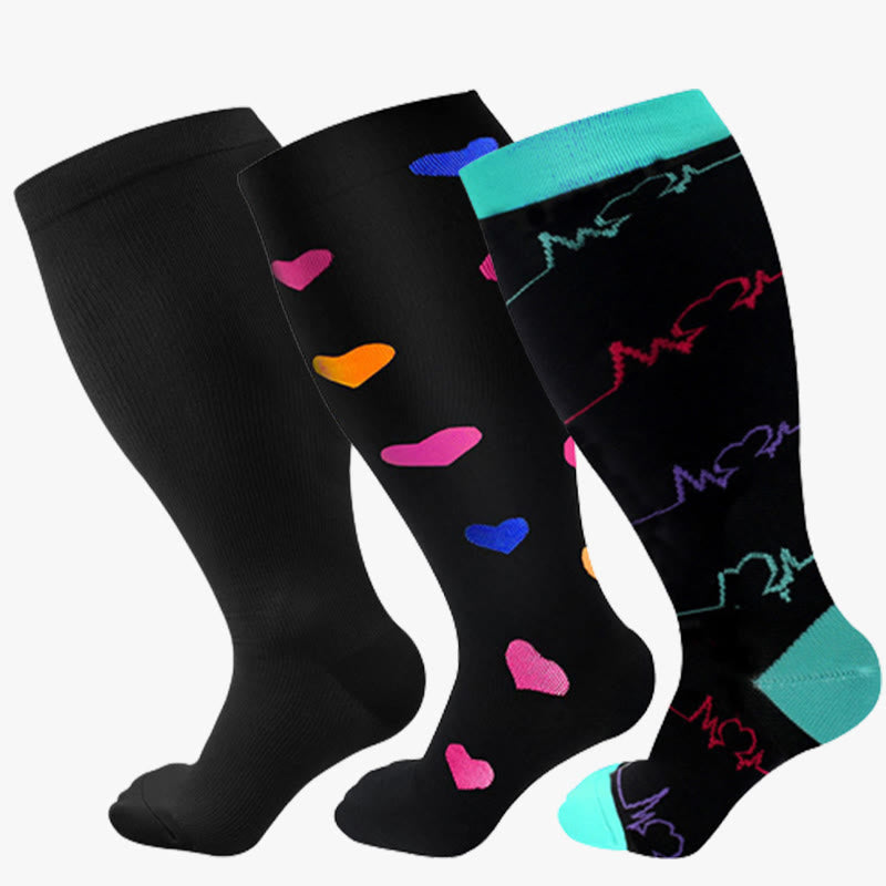 Blue Electrocardiogram Black Heart Plus Size Compression Socks(3 Pairs) - image 9