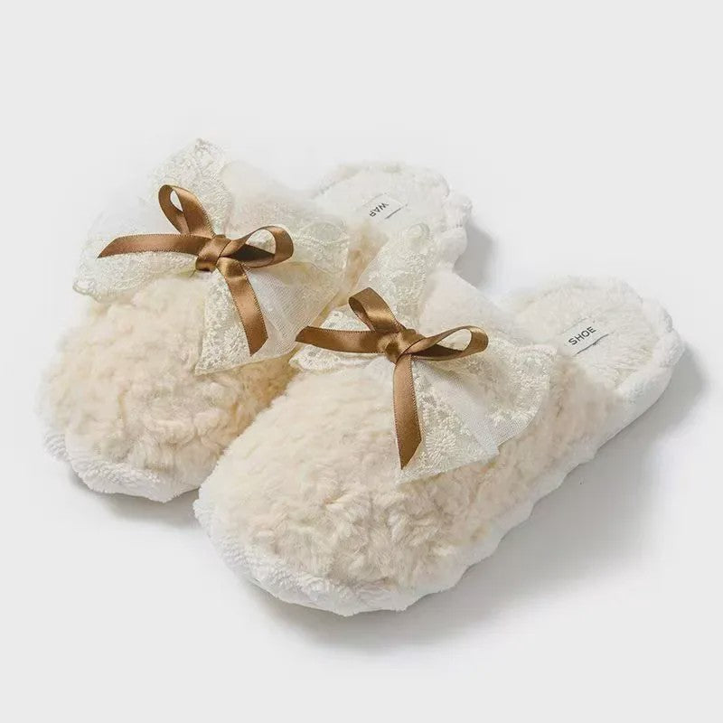 Lace Bow Plush Knit Cuff Slippers - image 4