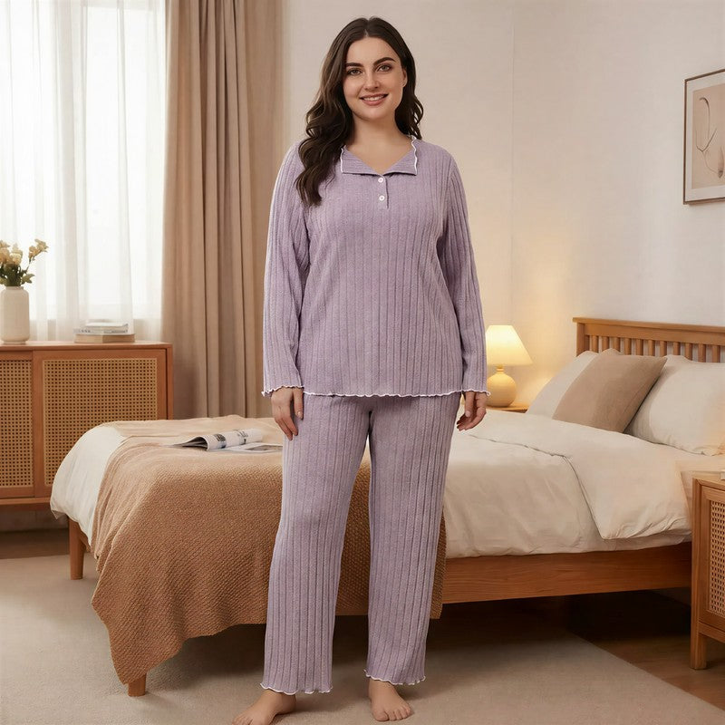 Soft Ribbed Lounge Pajama Set - Purple - 4XL - image 5