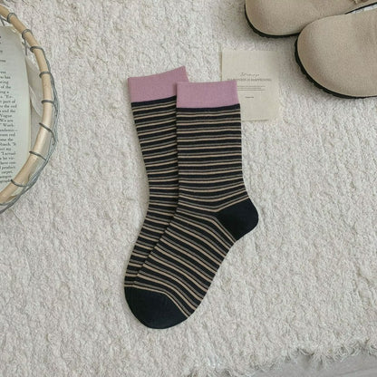 Retro Striped Knit Quarter Socks (6 Pairs) - Black - EU36-39(US3-6) - image 10