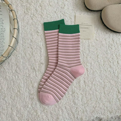 Retro Striped Knit Quarter Socks (6 Pairs) - Pink - EU36-39(US3-6) - image 7