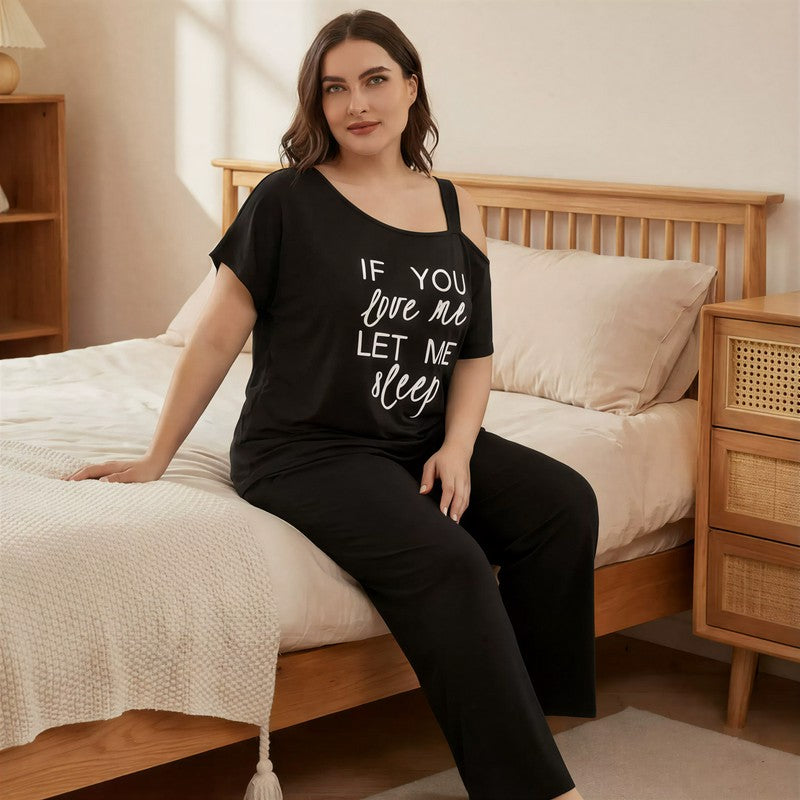 Off Shoulder Slogan Pajama Set - Black - 4XL - image 0