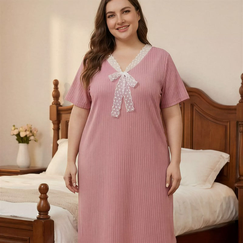 Lace Bow Ribbed Nightgown - Pink - 4XL - image 0