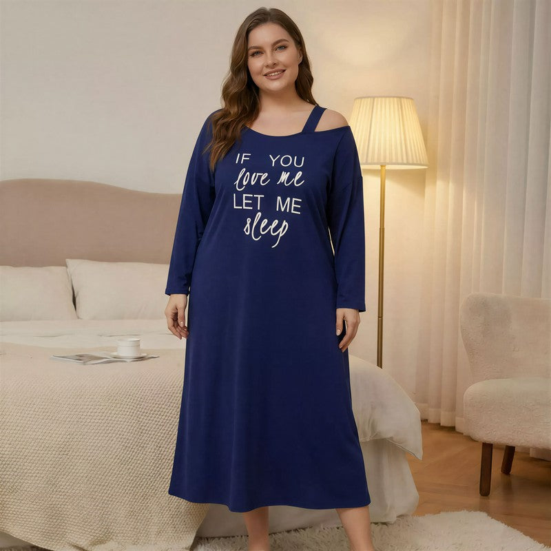 Off Shoulder Slogan Nightgown - Navy Blue - 4XL - image 0