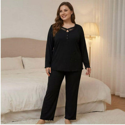 Lace Solid Color Pajama Set - Black - 4XL - image 0
