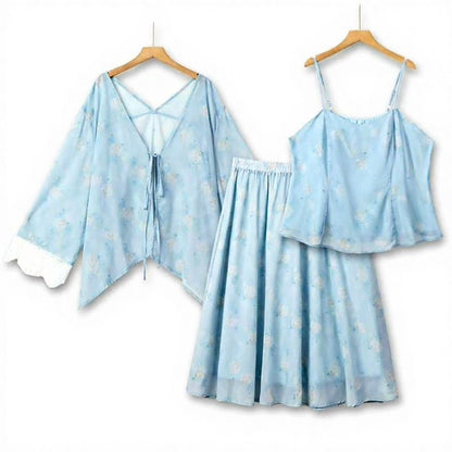 Floral Lace Trim Three Piece Skirt Set - Light Blue - 6XL - image 0
