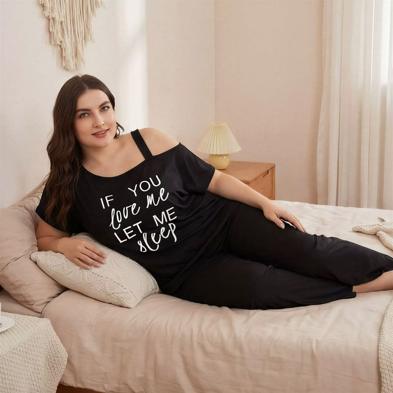 Off Shoulder Slogan Pajama Set - image 1