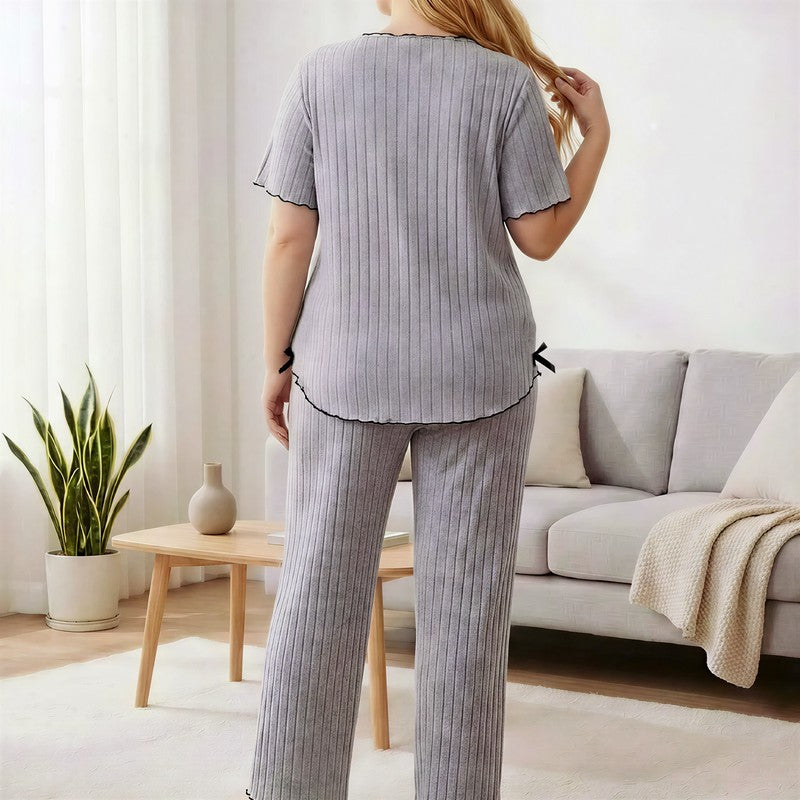 Lavender Bow Trim Pajama Set - Purple - 4XL - image 3